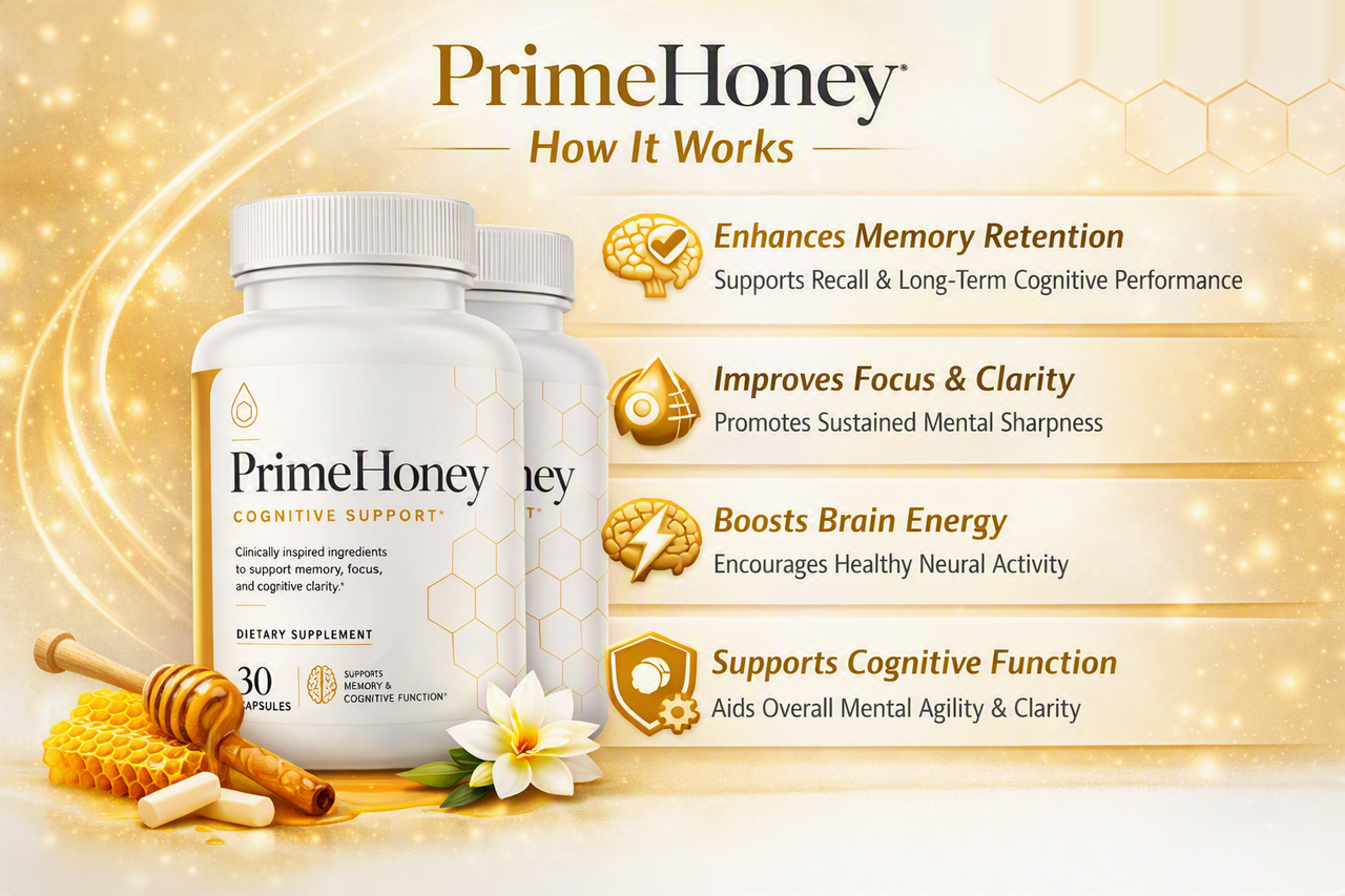 How PrimeHoney works — supports healthy glucose levels, boosts cognitive function balance, supports metabolic health, enhances metabolic vitality